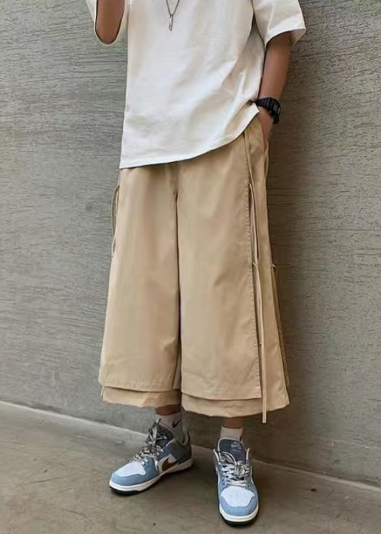 Cool Khaki Pockets Tassel Patchwork Fake Two Pieces Crop Pants Yt004