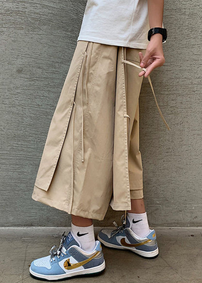 Cool Khaki Pockets Tassel Patchwork Fake Two Pieces Crop Pants Yt004