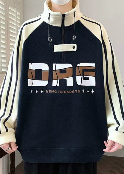 Cool Navy Hign Neck Zippered Patchwork Cotton Sweatshirts Fall Eq015
