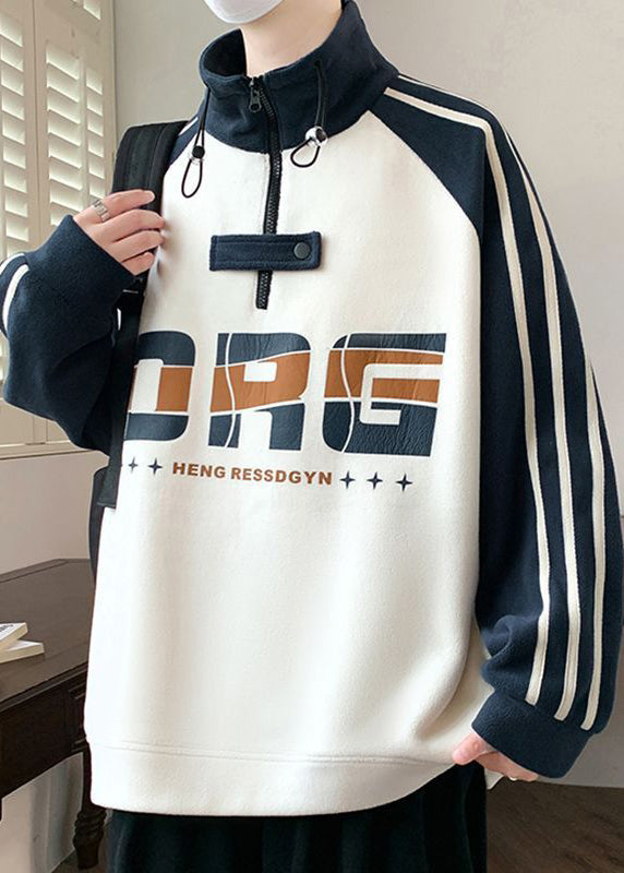 Cool Navy Hign Neck Zippered Patchwork Cotton Sweatshirts Fall Eq015