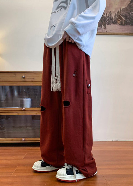 Cool Ripped Red Long Out Pants Hollow Spring Oversized