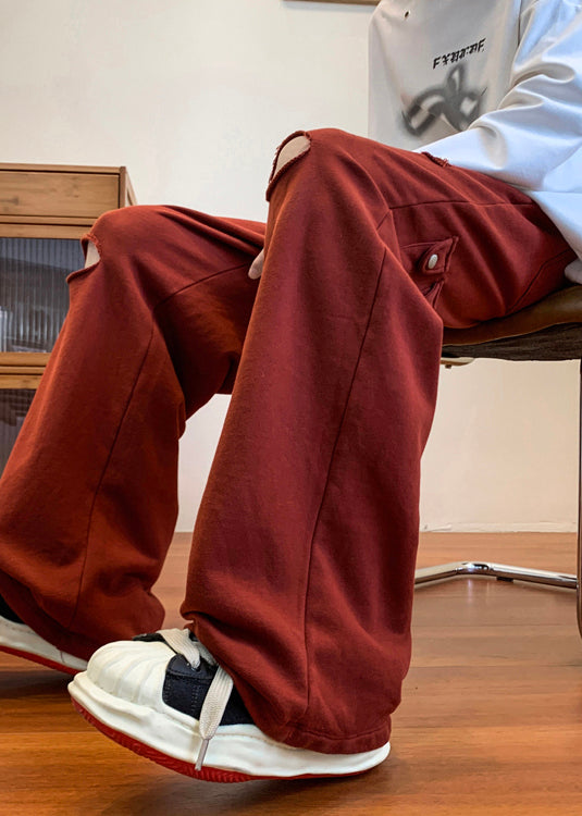 Cool Ripped Red Long Out Pants Hollow Spring Oversized