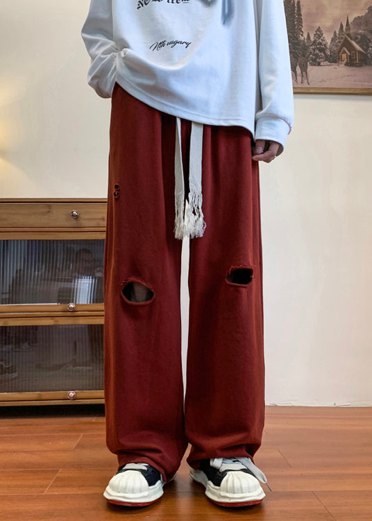 Cool Ripped Red Long Out Pants Hollow Spring Oversized