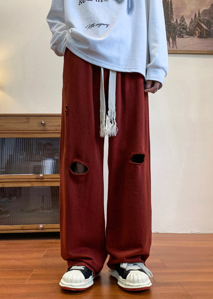 Cool Ripped Red Long Out Pants Hollow Spring Oversized