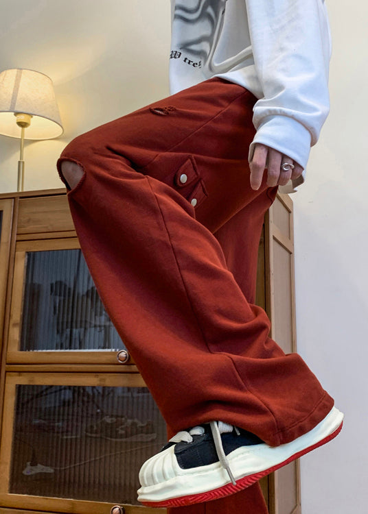 Cool Ripped Red Long Out Pants Hollow Spring Oversized