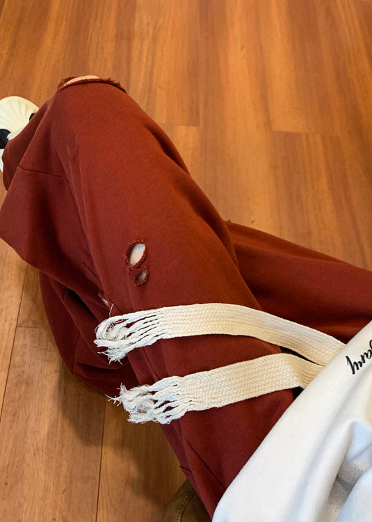 Cool Ripped Red Long Out Pants Hollow Spring Oversized