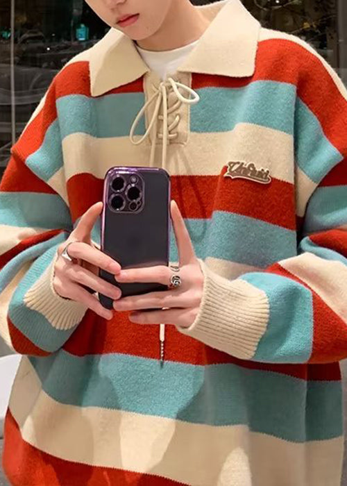 Cool Red Striped Peter Pan Collar Lace Up Knit Sweater Fall Qh015