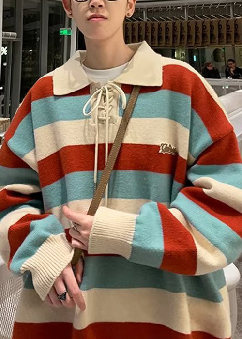 Cool Red Striped Peter Pan Collar Lace Up Knit Sweater Fall Qh015