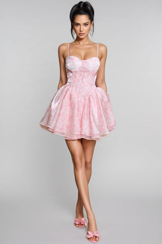 Cyzon Spaghetti Printed Ruffle Mini Dress
