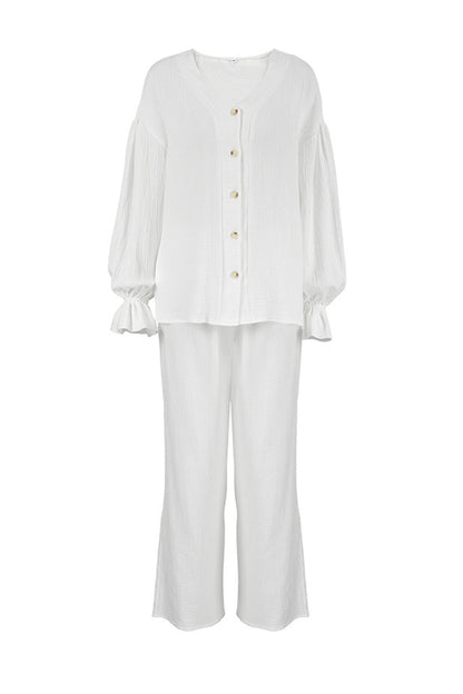 Cotton Flare Sleeve Cardigan Long Pants Set