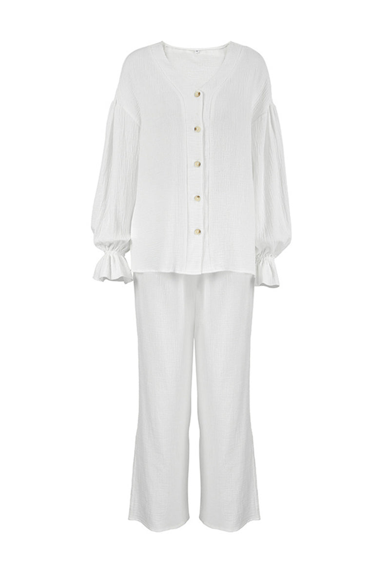 Cotton Flare Sleeve Cardigan Long Pants Set
