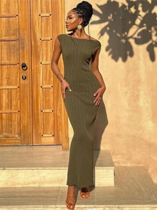 Cotton Knitted Stripe Dresses for Color Sleeveless O Neck Party Long Dress New Commuting Vestidos