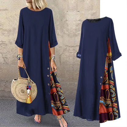 Cotton Linen Long Dresses Three Quarter Sleeves Splicing Print Loose A-line Dress Lady Maxi Vestido