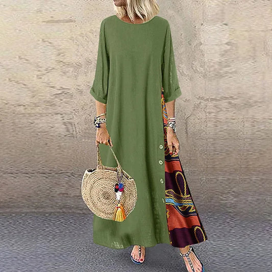 Cotton Linen Long Dresses Three Quarter Sleeves Splicing Print Loose A-line Dress Lady Maxi Vestido