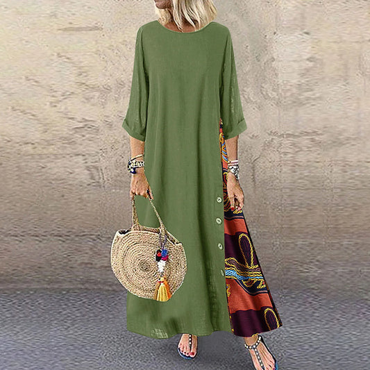 Cotton Linen Long Dresses Three Quarter Sleeves Splicing Print Loose A-line Dress Lady Maxi Vestido