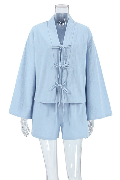 Cotton Long Sleeve Tie-up Shirt Shorts Set