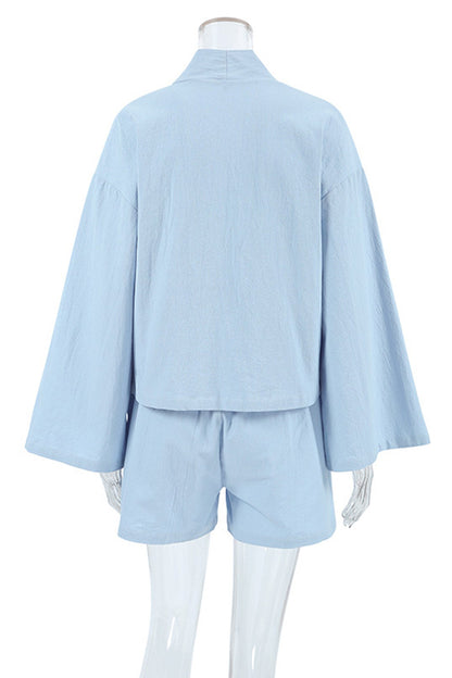 Cotton Long Sleeve Tie-up Shirt Shorts Set