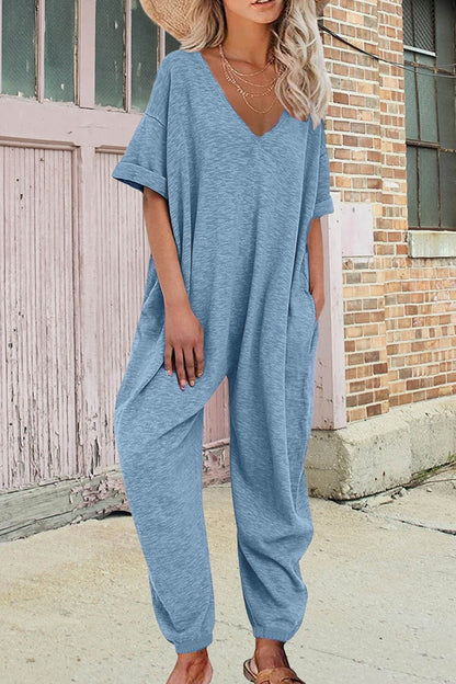 Cotton V Neck Loose Jumpsuits