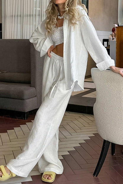 Cotton Button Long Sleeve Long Pant Set