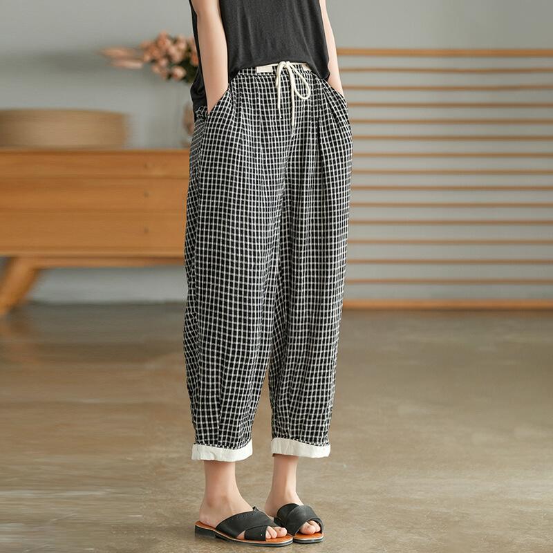 Cotton Linen Plaid Drawstring Pocket Pants Op1023