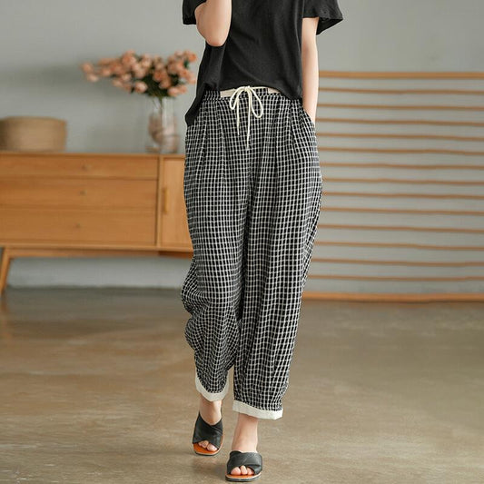 Cotton Linen Plaid Drawstring Pocket Pants Op1023