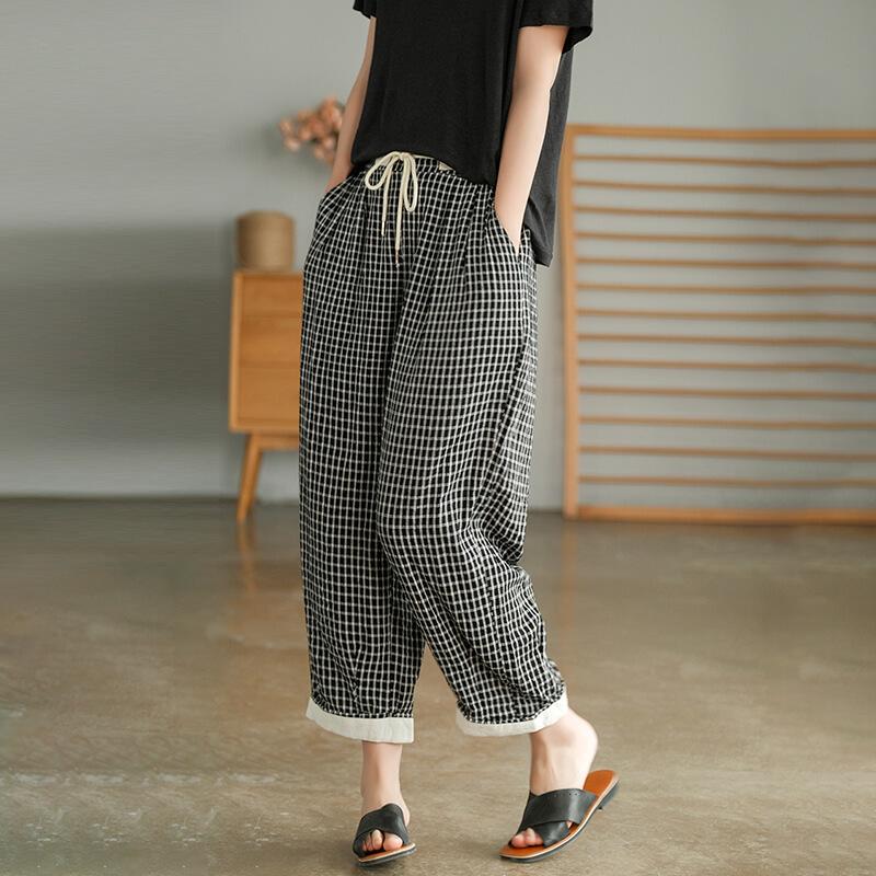 Cotton Linen Plaid Drawstring Pocket Pants Op1023