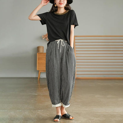 Cotton Linen Plaid Drawstring Pocket Pants Op1023