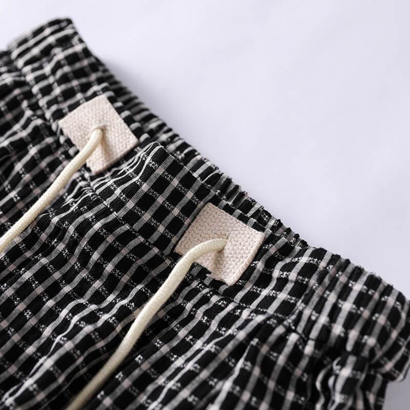 Cotton Linen Plaid Drawstring Pocket Pants Op1023