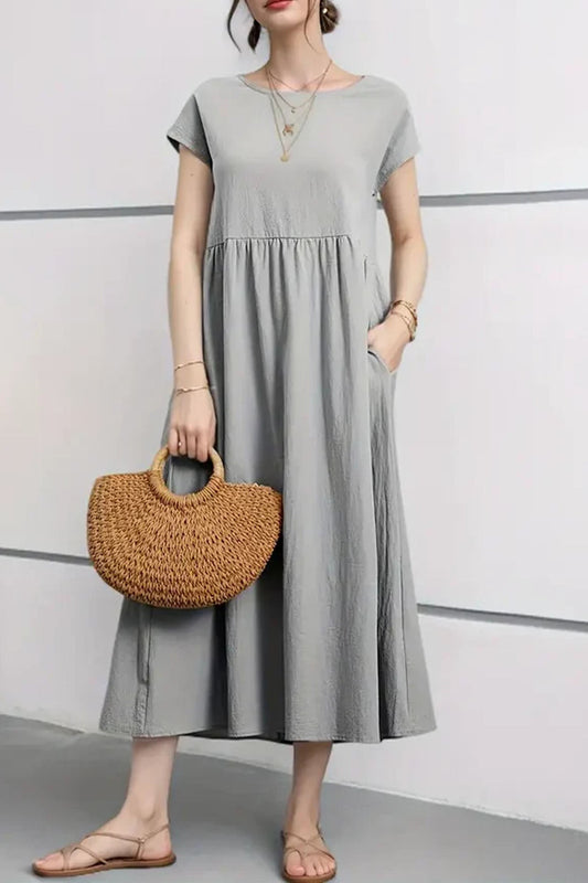 Cotton Linen Short Sleeve Midi Dress