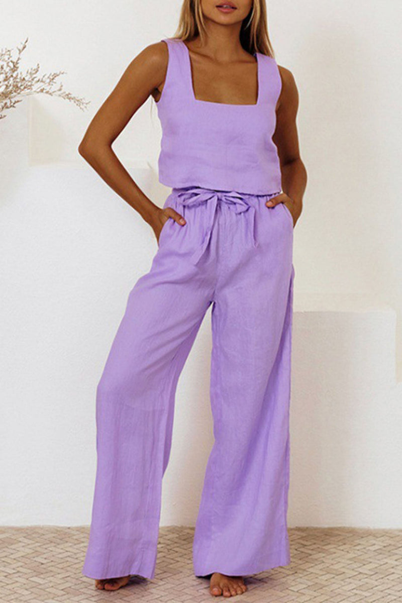 Cotton Waist-tie Square Neck Pants Set