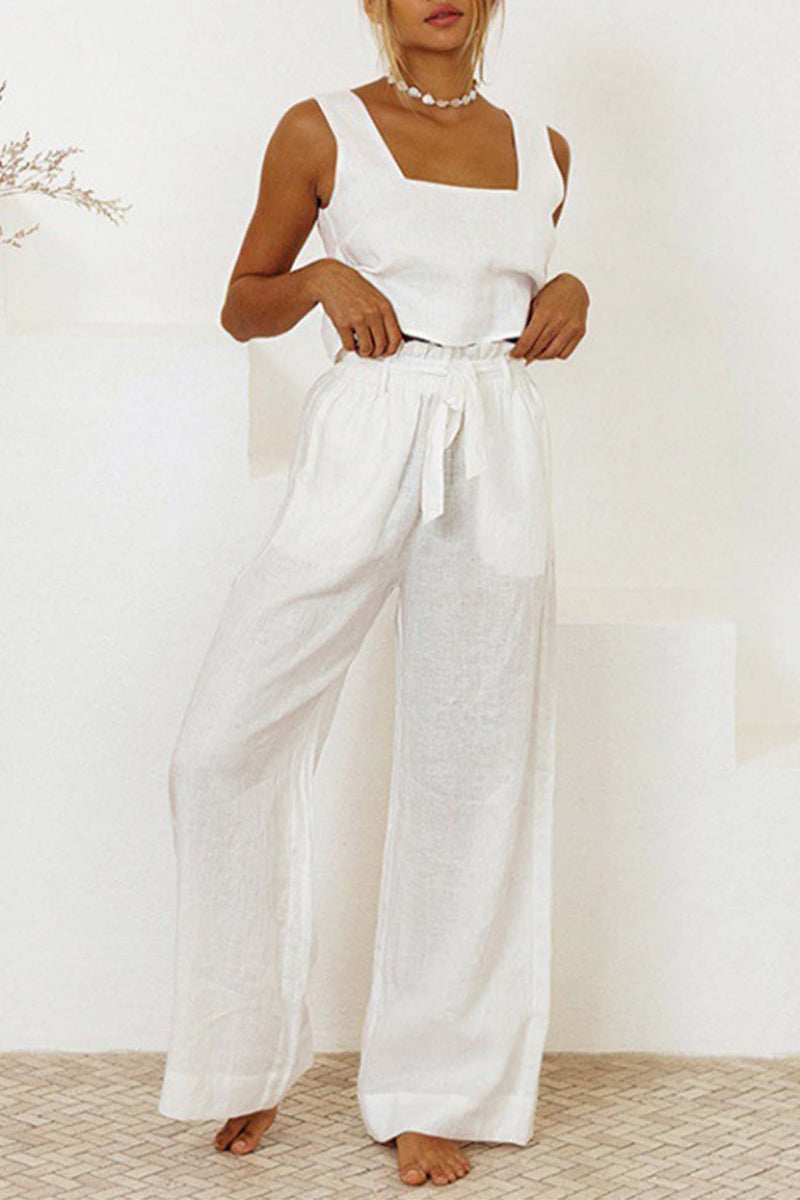 Cotton Waist-tie Square Neck Pants Set