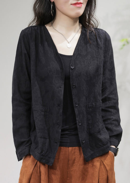 Cozy Black V Neck Button Cotton Coats Long Sleeve Ff001