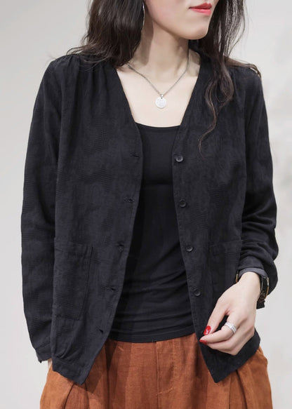 Cozy Black V Neck Button Cotton Coats Long Sleeve Ff001