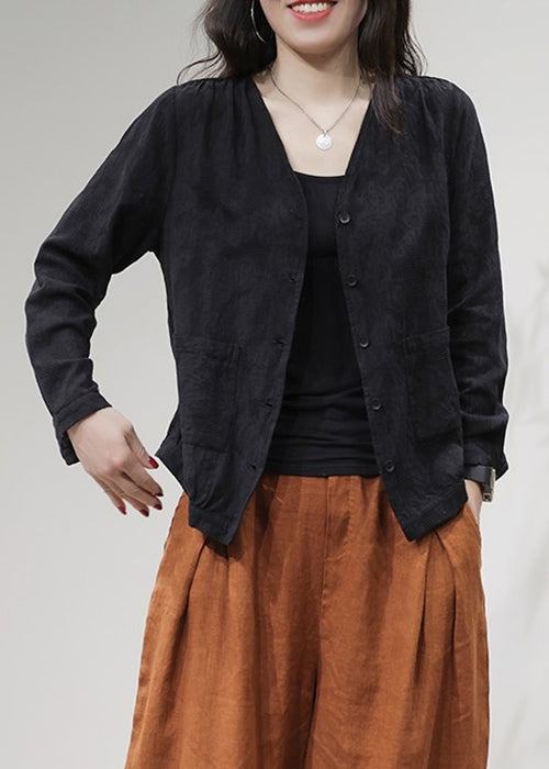 Cozy Black V Neck Button Cotton Coats Long Sleeve Ff001