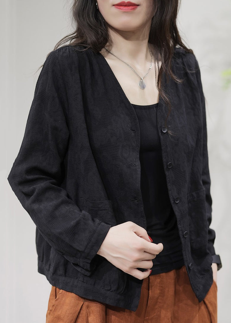 Cozy Black V Neck Button Cotton Coats Long Sleeve Ff001