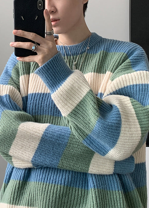 Cozy Green O Neck Striped Knit Sweater Fall Qh028