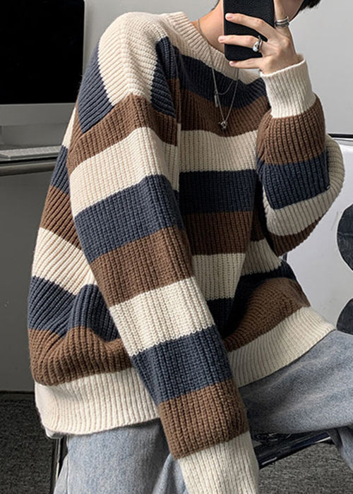 Cozy Green O Neck Striped Knit Sweater Fall Qh028