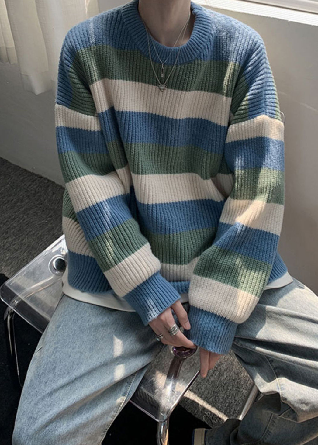 Cozy Green O Neck Striped Knit Sweater Fall Qh028