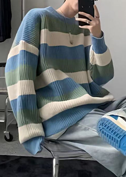 Cozy Green O Neck Striped Knit Sweater Fall Qh028