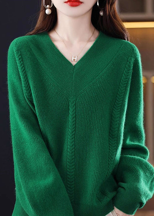 Cozy Green V Neck Knit Knit Sweaters Fall Qi002