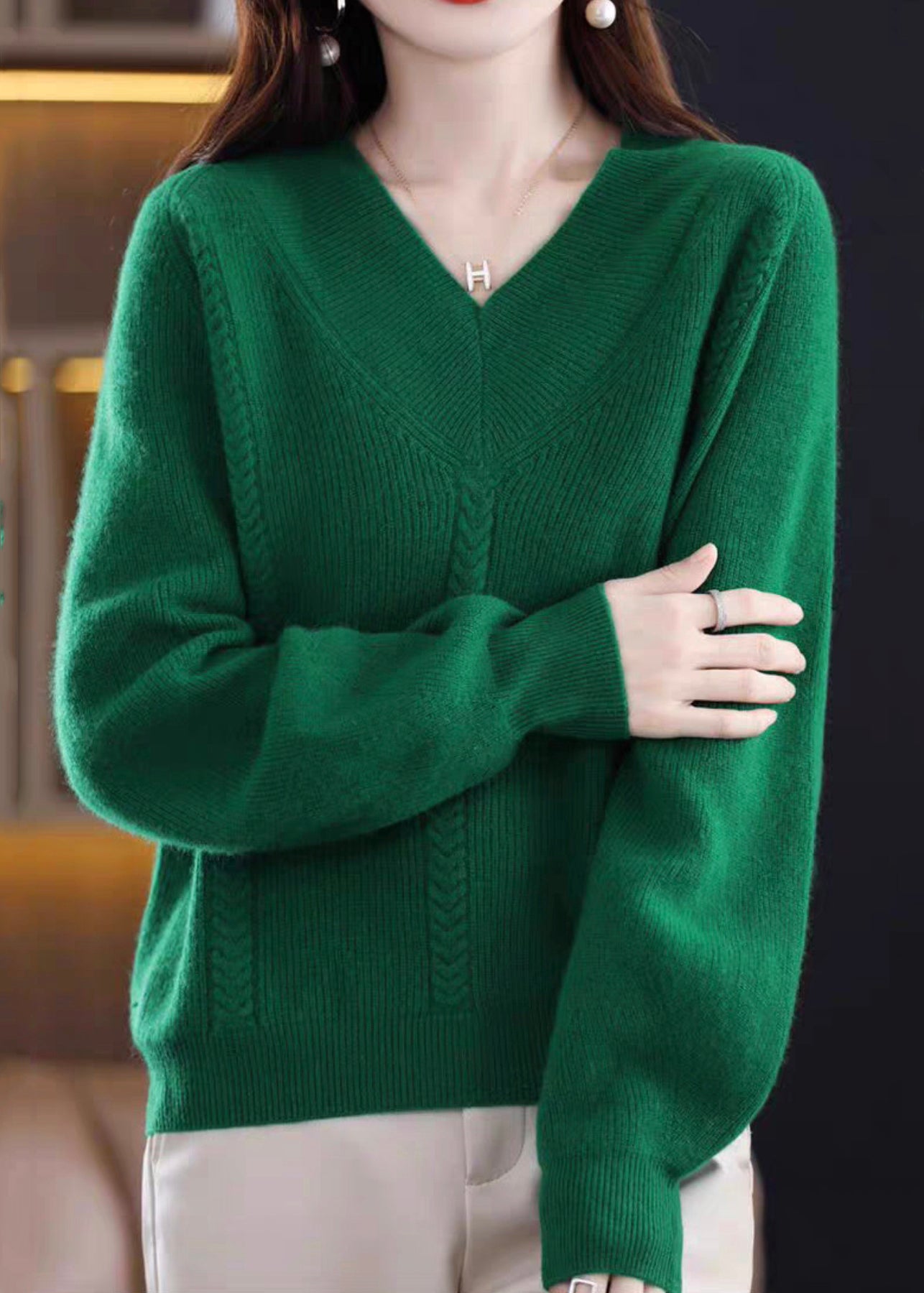 Cozy Green V Neck Knit Knit Sweaters Fall Qi002