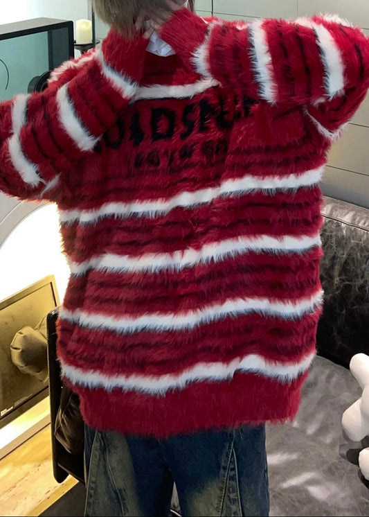 Cozy Red Striped Thick Mink Hair Knitted Sweaters Fall Qh038