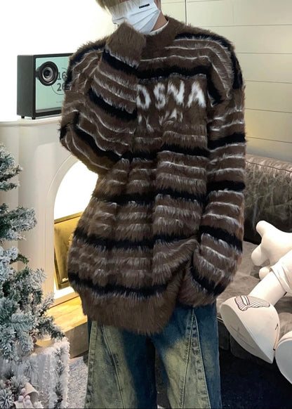 Cozy Red Striped Thick Mink Hair Knitted Sweaters Fall Qh038