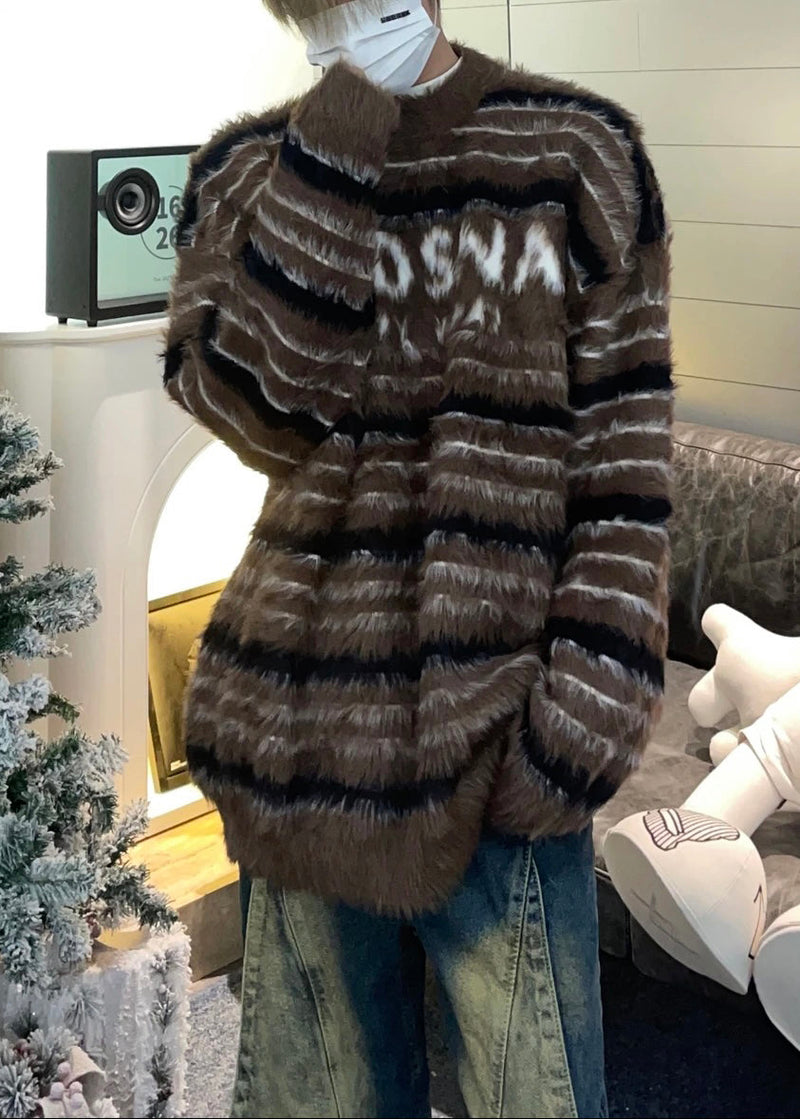 Cozy Red Striped Thick Mink Hair Knitted Sweaters Fall Qh038