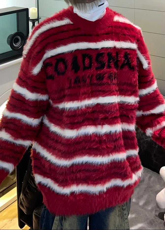 Cozy Red Striped Thick Mink Hair Knitted Sweaters Fall Qh038