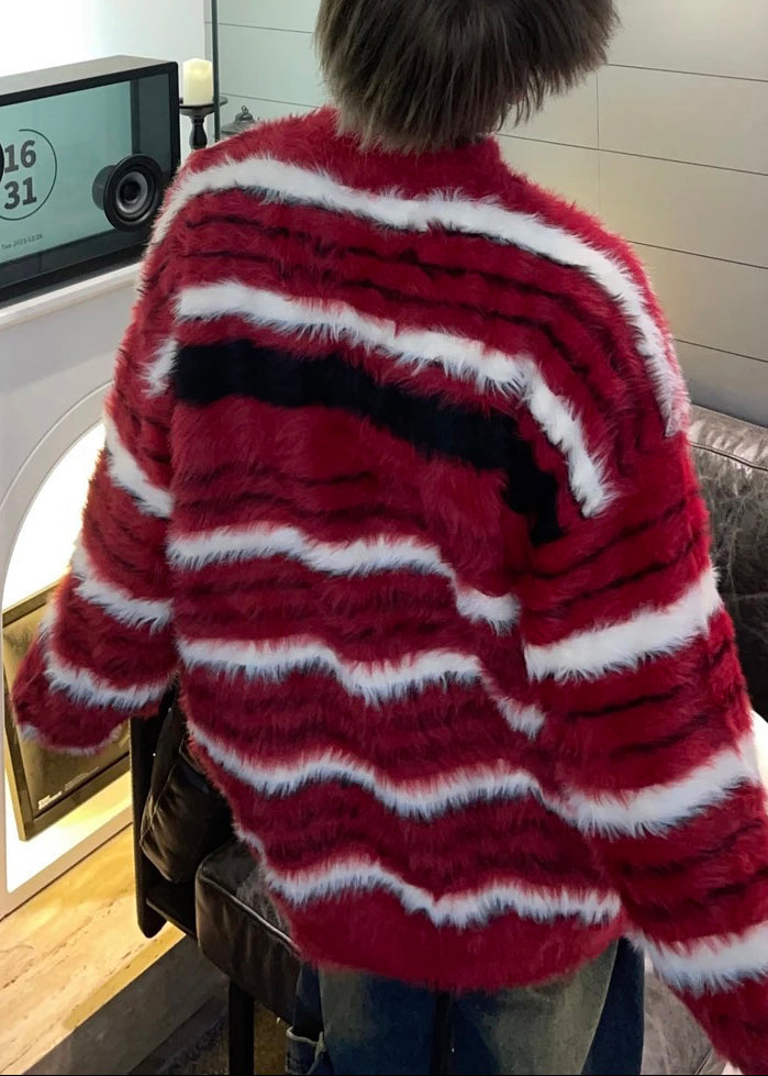 Cozy Red Striped Thick Mink Hair Knitted Sweaters Fall Qh038