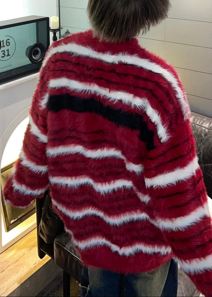 Cozy Red Striped Thick Mink Hair Knitted Sweaters Fall Qh038