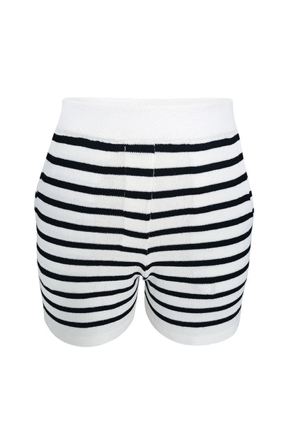 Crew Neck Striped Cardigan Shorts Set