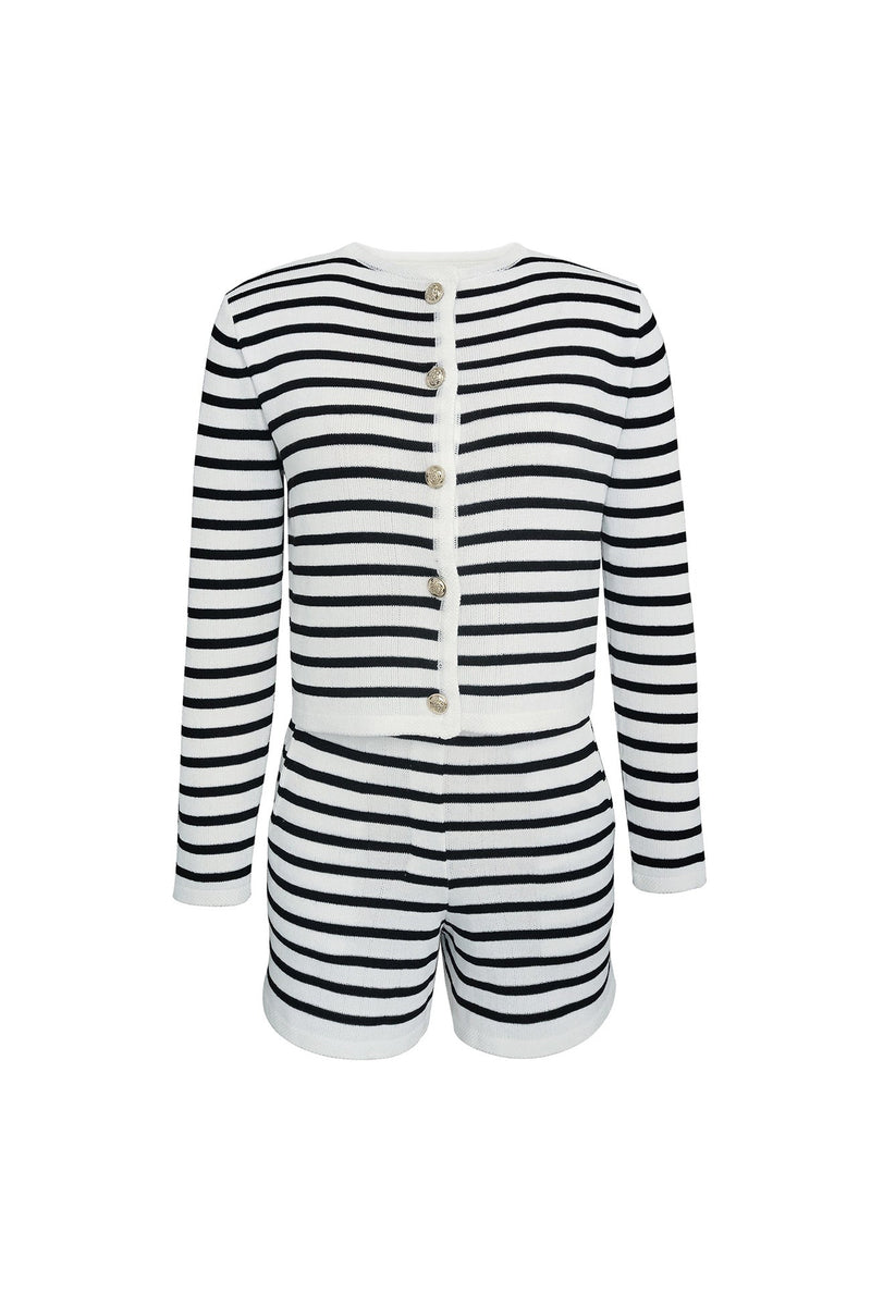 Crew Neck Striped Cardigan Shorts Set