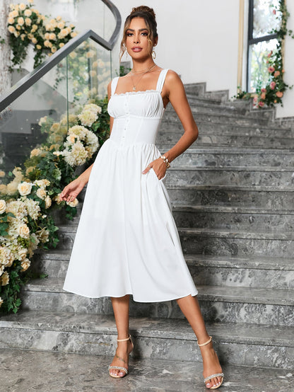 Crisscross Tie Back Button Pocket Dress